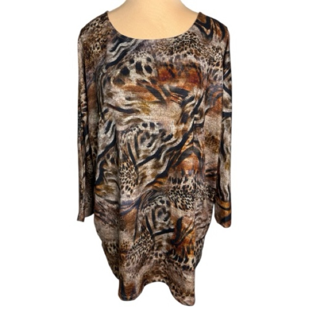 Leo & Nicole Animal Print Knit Tunic Top Size 1X Brown Tones EUC